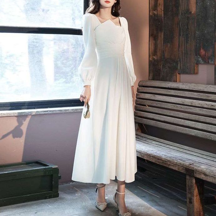 白ワンピース エレガントな七分袖マキシワンピース