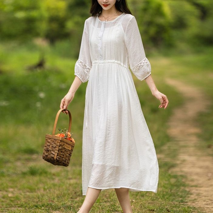 白ワンピース レース袖切替 優美ワンピース