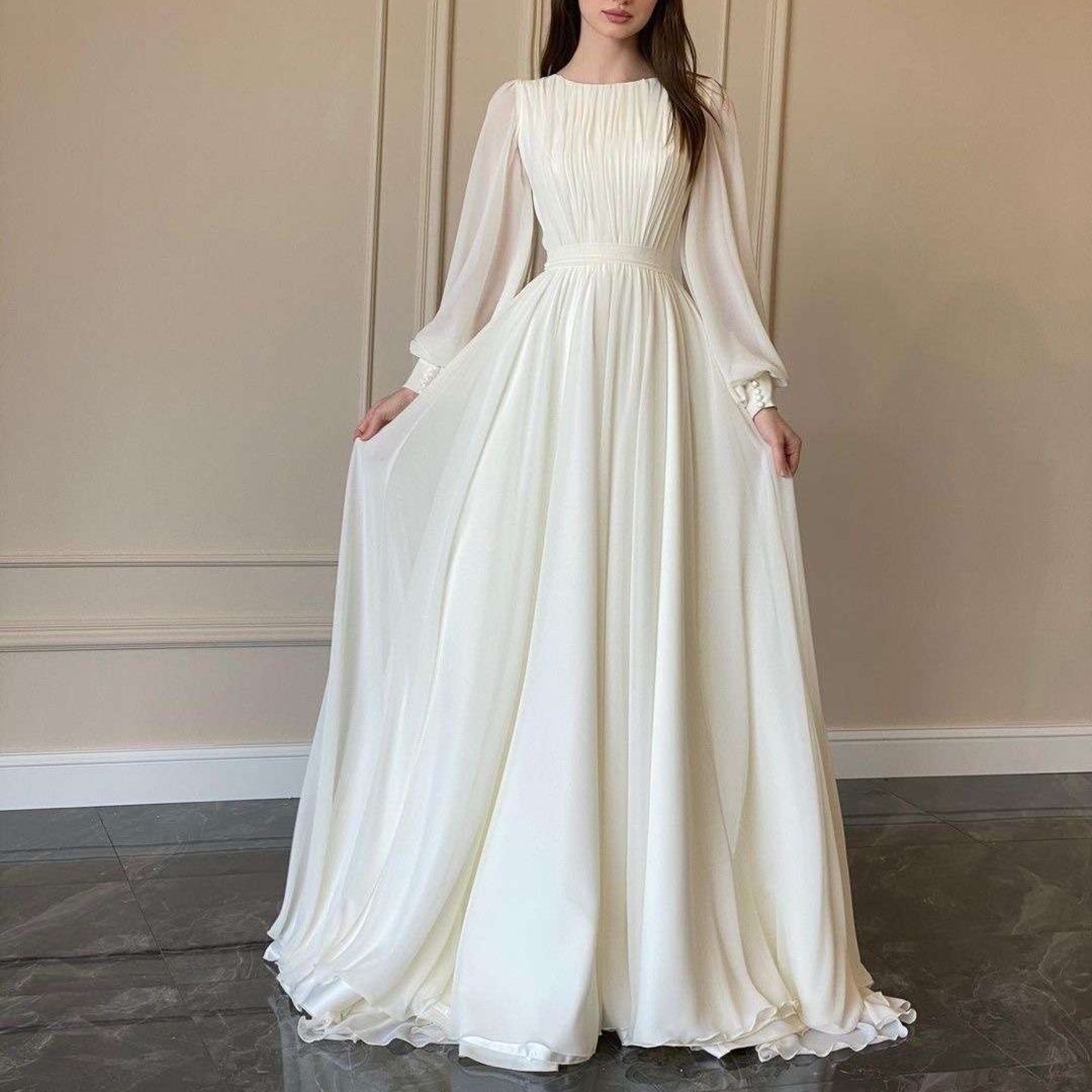 白ワンピース ビショップスリーブプリーツロングドレス