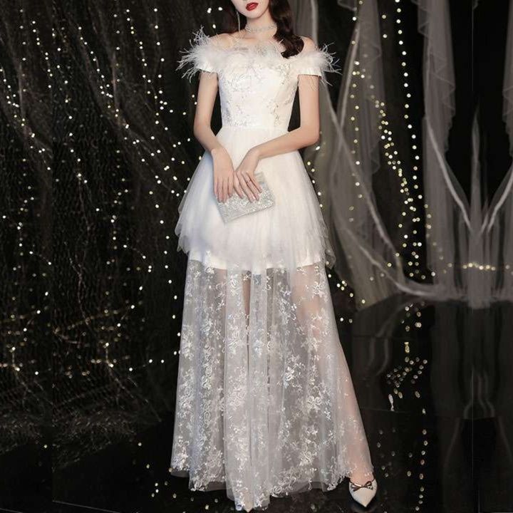 白ワンピース オフショルダーチュールドレス