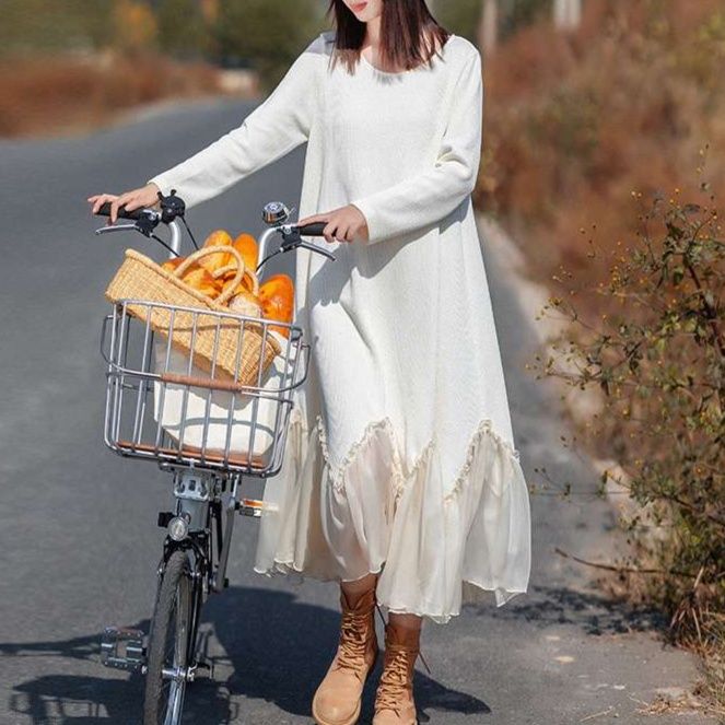 白ワンピース フリル裾ロングワンピース