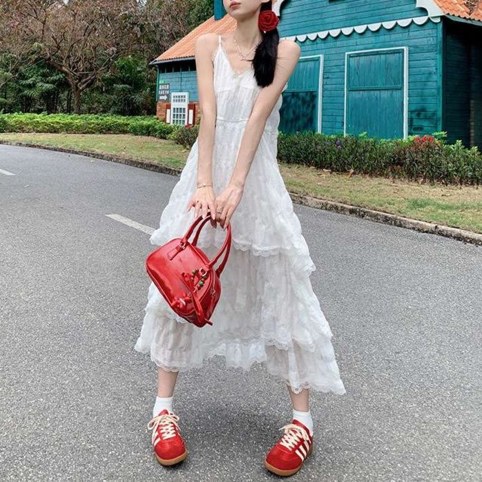 白ワンピース 重ねフリルティアードワンピース