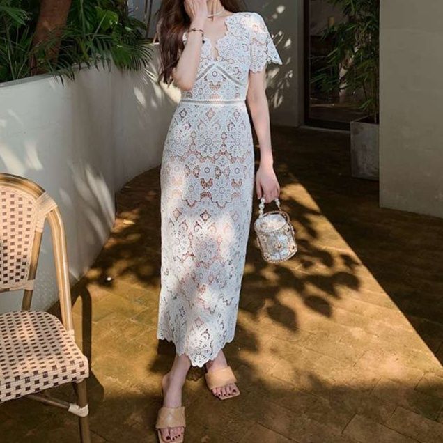 白ワンピース 優雅な総レース マーメイドワンピース