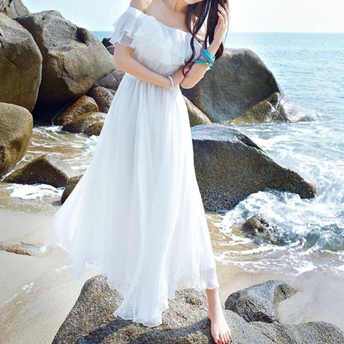 白ワンピース オフショルダー フリル マキシ ワンピース