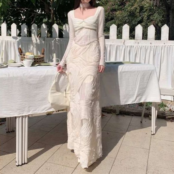 白ワンピース スカラップレースマーメイドロングワンピース