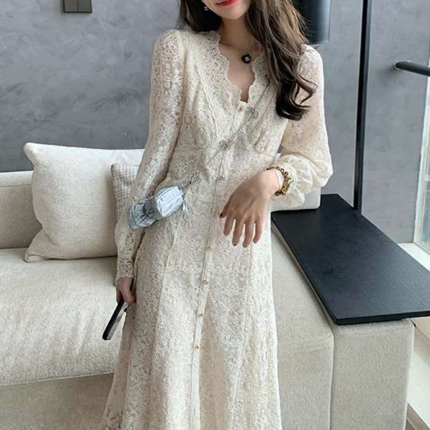 白ワンピース レースフラワー透かしワンピース