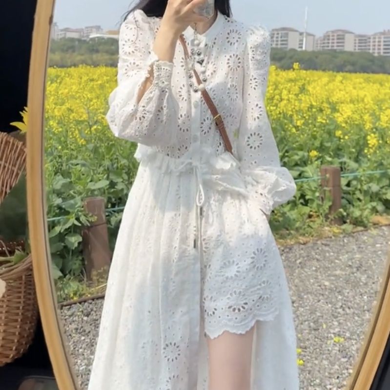 白ワンピース レース刺繍 花柄長袖マキシワンピース