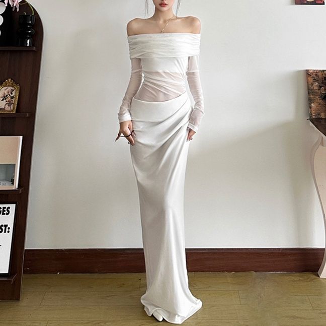 白ワンピース オフショルダーメッシュドレープワンピース