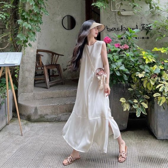 白ワンピース リネン風ノースリーブワンピース