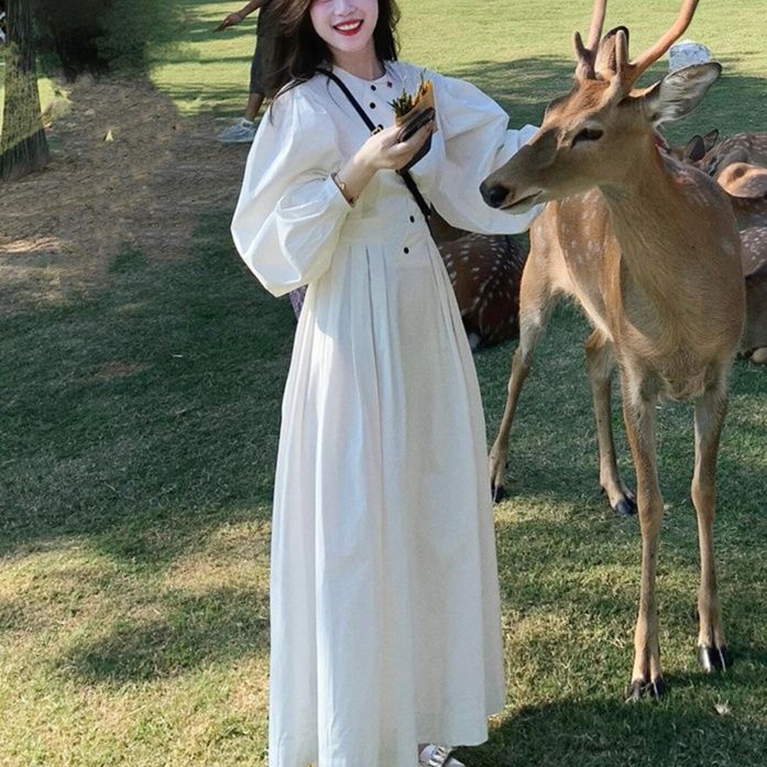 白ワンピース パフスリーブレトロ風プリントワンピース