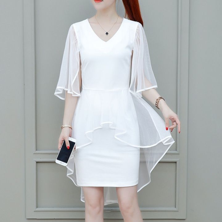 白ワンピース シースルーケープ袖フレアワンピース