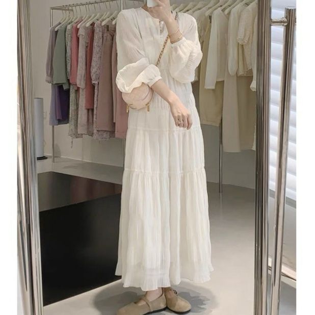 白ワンピース ふんわりシアー ティアードワンピース