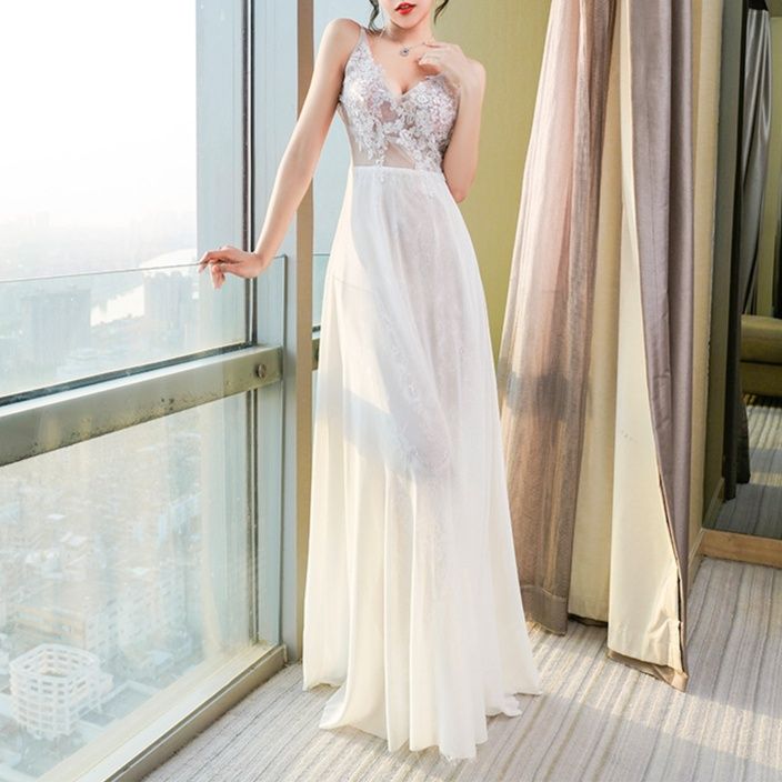 白ワンピース レース切替シースルーロングワンピース