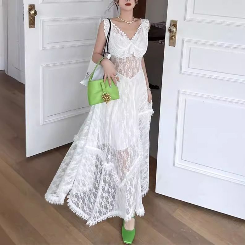 白ワンピース レース編み シアーワンピース