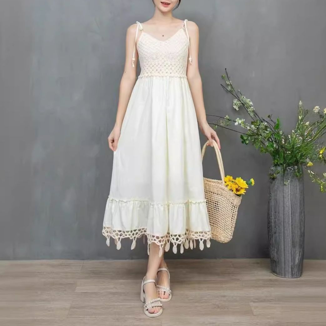 白ワンピース かぎ針編みレース切替ミモレワンピース