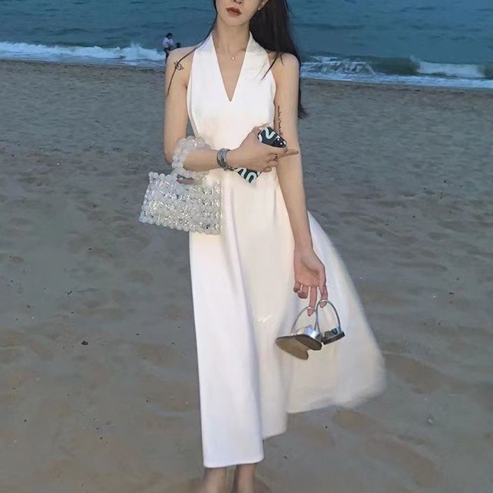 白ワンピース 上品Vネックノースリーブ ミモレワンピース