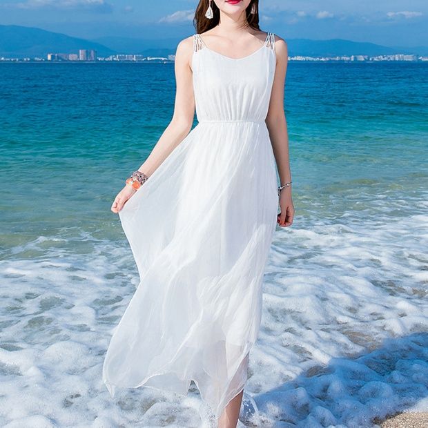 白ワンピース 優雅な波打ち際マキシワンピース