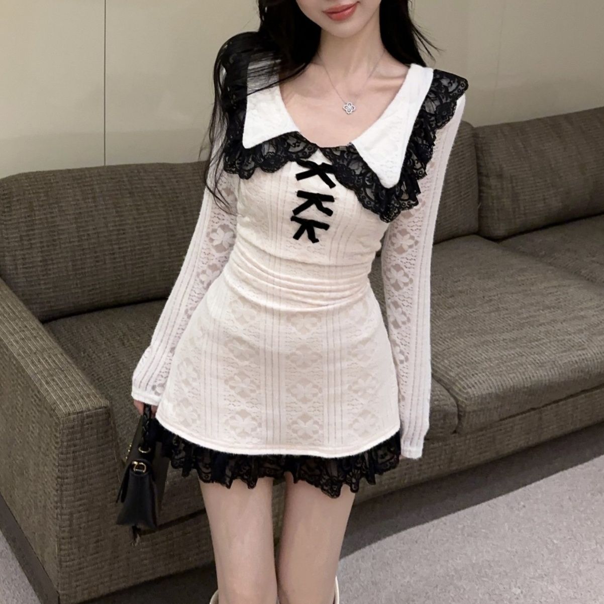 白ワンピース レース襟リボンワンピース