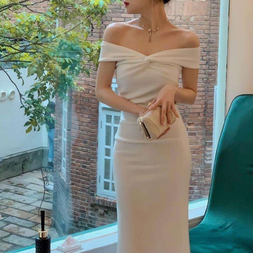 白ワンピース エレガントオフショルダードレス