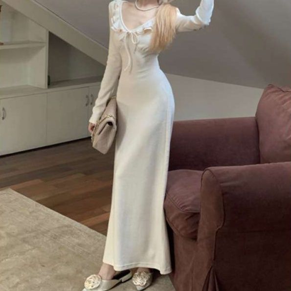 白ワンピース フェミニン リボンワンピース