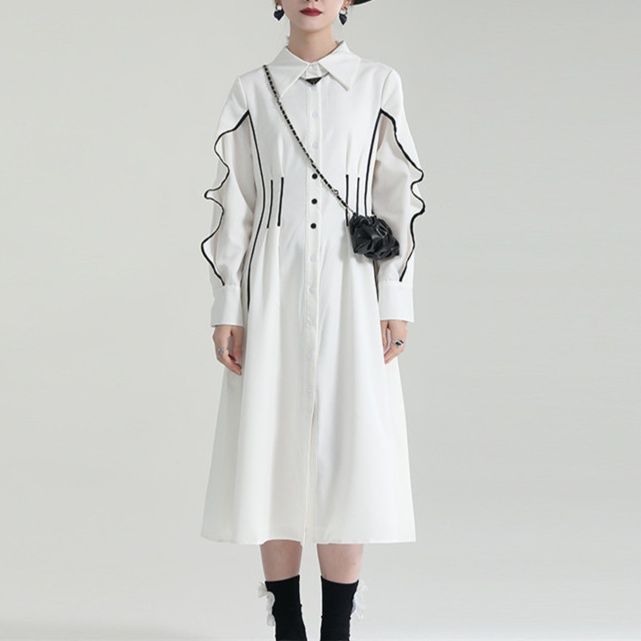 フリル袖白ワンピース春夏ウエストマークミモレ丈