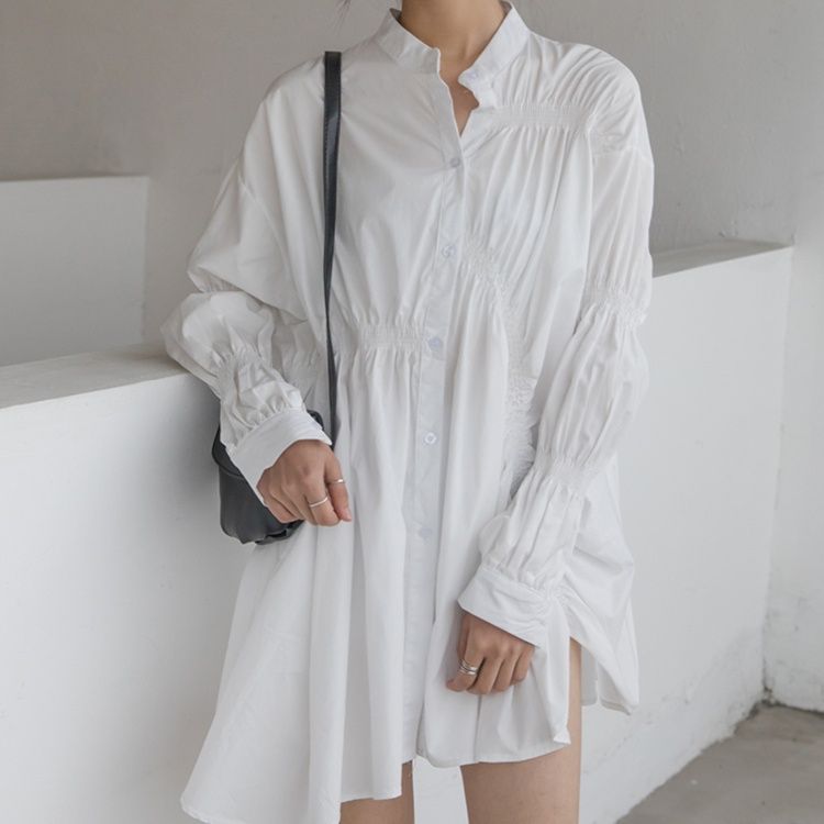 白ワンピース 上品な長袖ミニシャツワンピース 