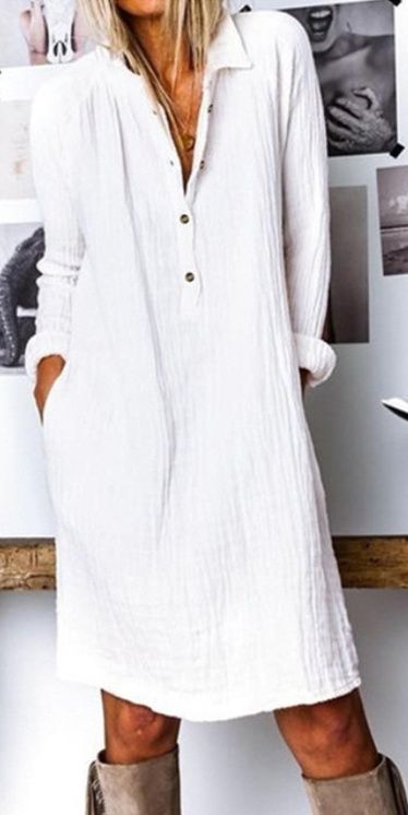 白ワンピース 襟付きボタンデザイン長袖膝丈シャツワンピ