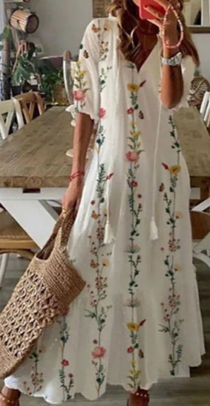 白ワンピース ボタニカル刺繍半袖ミモレ丈ワンピ