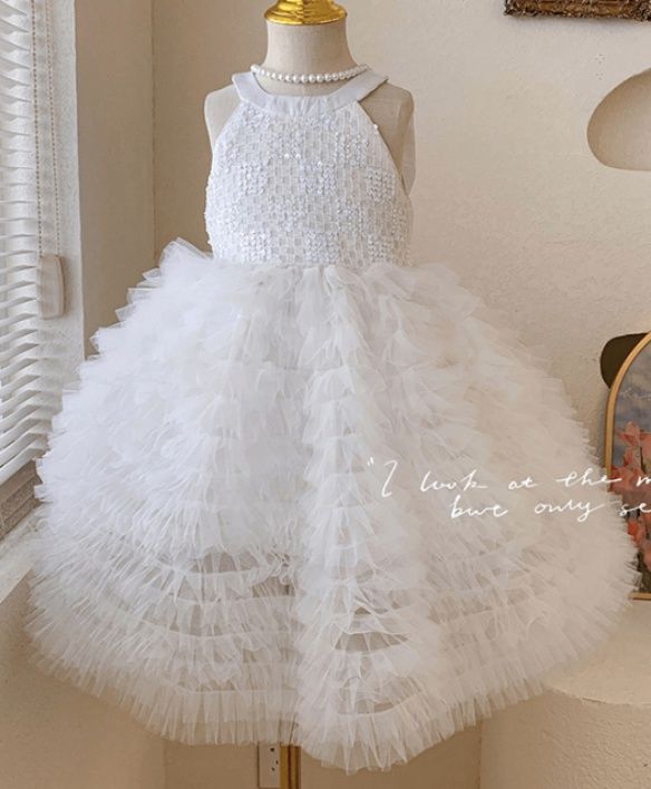 白ワンピース 背中リボン付きティアードチュールキッズワンピ