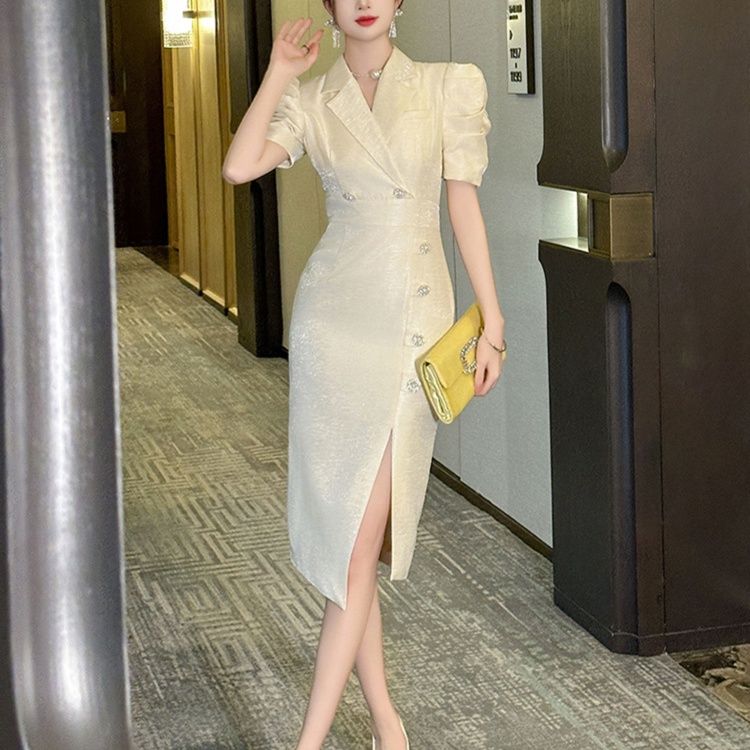 白ワンピース パフスリーブ テーラード風ミモレワンピ