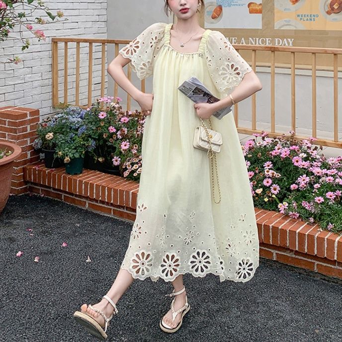 白ワンピース 花柄刺繍切替ミモレワンピ