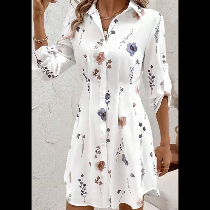 白ワンピース 水彩花柄七分袖シャツワンピ