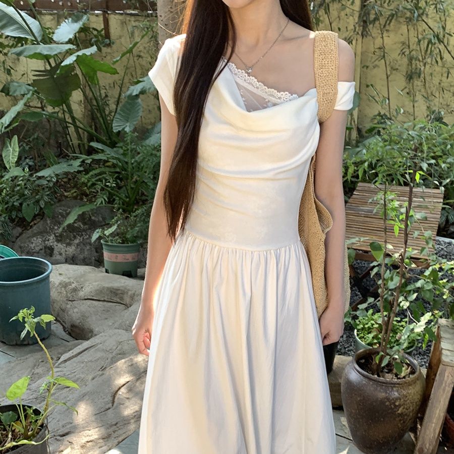 白ワンピース シアーレース切替オフショルダーミモレワンピース