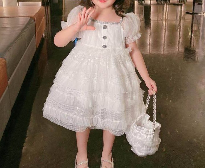 白ワンピース パフスリーブチュールレイヤード姫系子供用ドレス