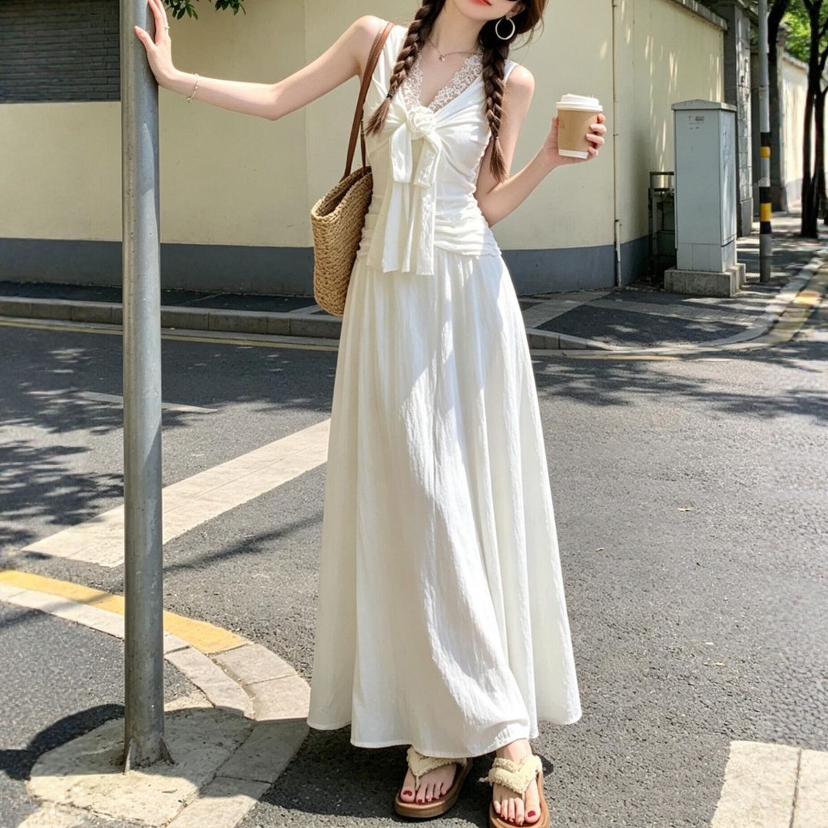 白ワンピース レースリボンノースリーブマキシワンピース