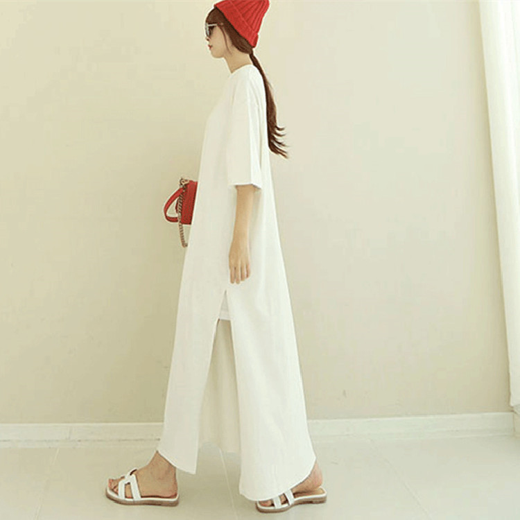春夏半袖白ワンピース ゆったりスリット入りロング