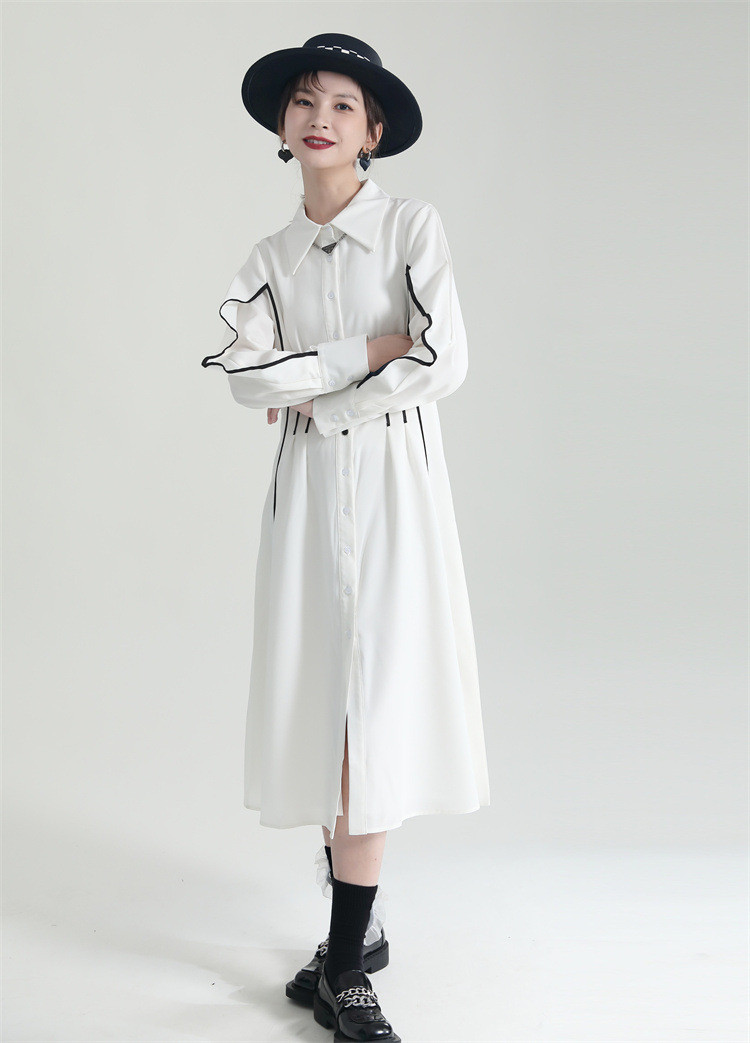 フリル袖白ワンピース春夏ウエストマークミモレ丈