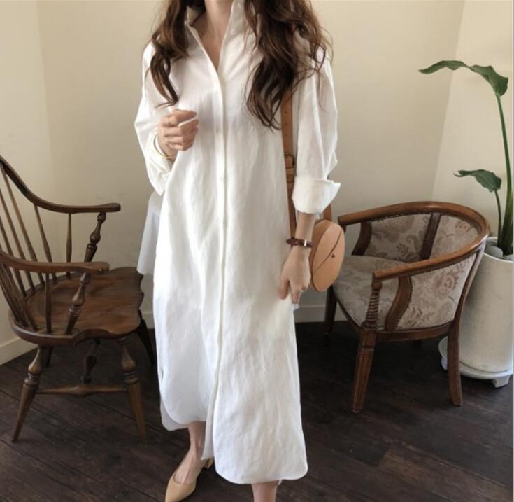 白ワンピース 春夏新作 白シャツワンピース ロング丈 体型カバー