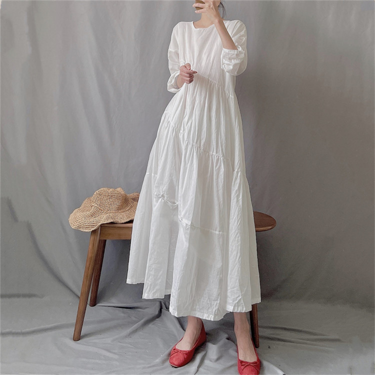 白ワンピース ゆったり丸首レトロ風ロングワンピース