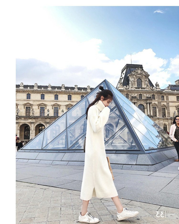 白ワンピース  白ニットハイネック長袖ロングワンピース