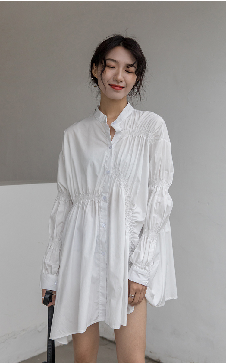 白ワンピース 上品な白シャツワンピース 長袖ミニ丈