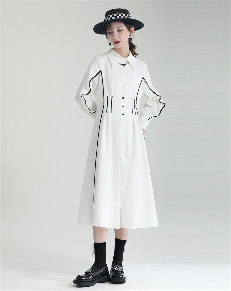 フリル袖白ワンピース春夏ウエストマークミモレ丈