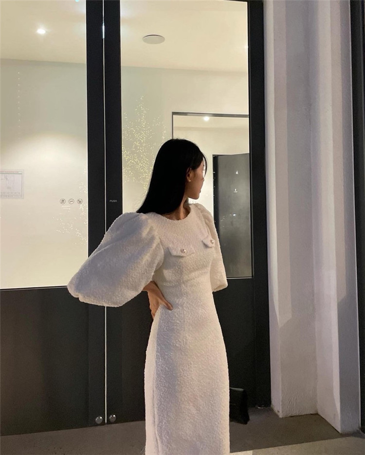 白ワンピース ふんわり袖タイトスカートワンピース上品丸首