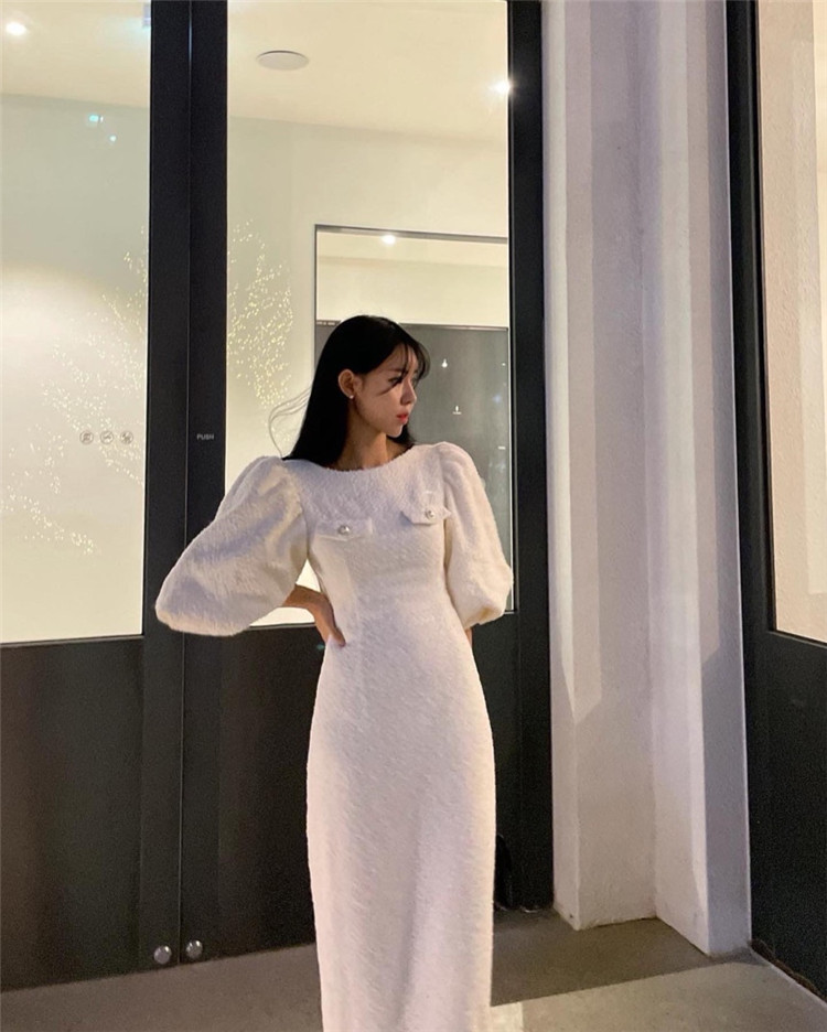 白ワンピース ふんわり袖タイトスカートワンピース上品丸首