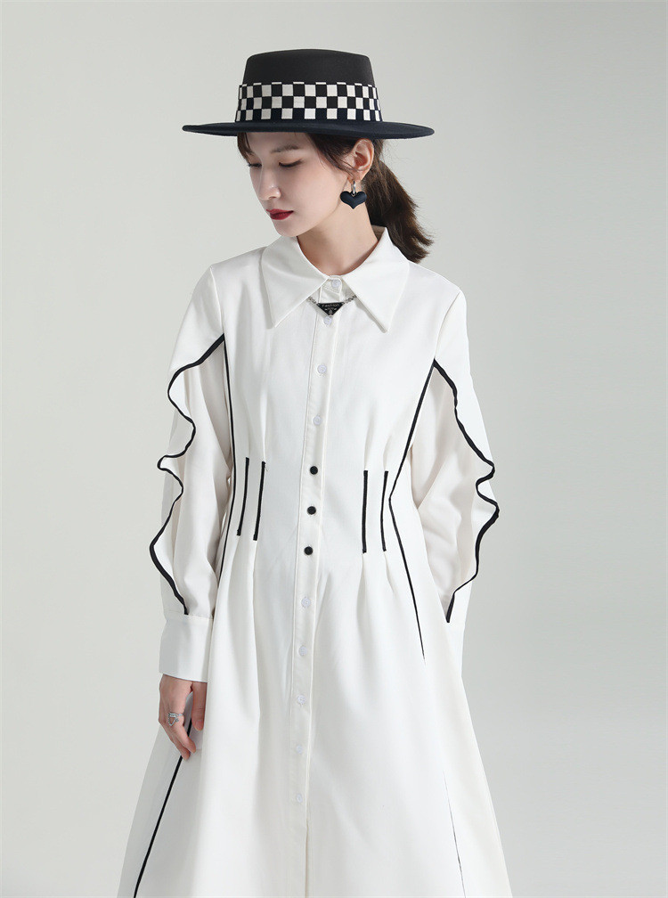 フリル袖白ワンピース春夏ウエストマークミモレ丈