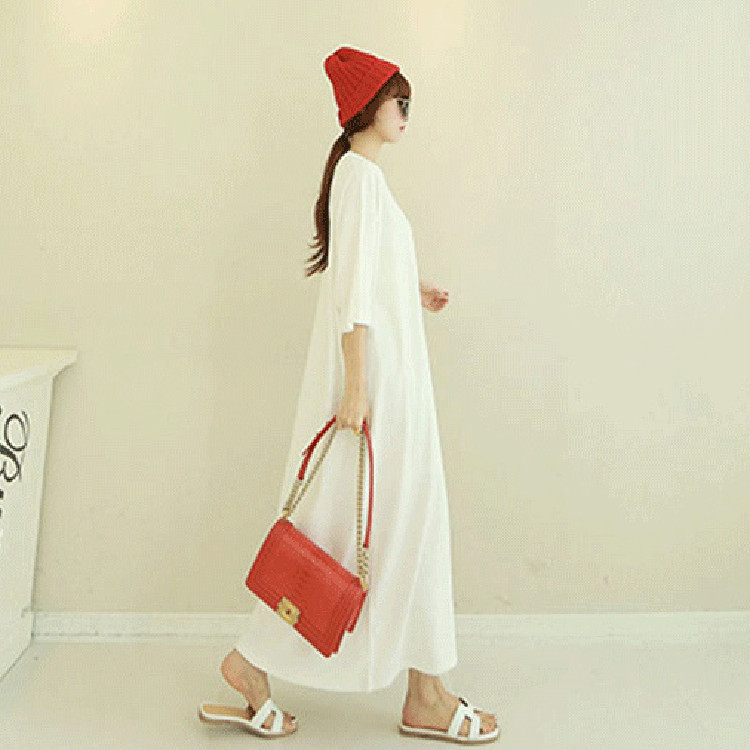 春夏半袖白ワンピース ゆったりスリット入りロング