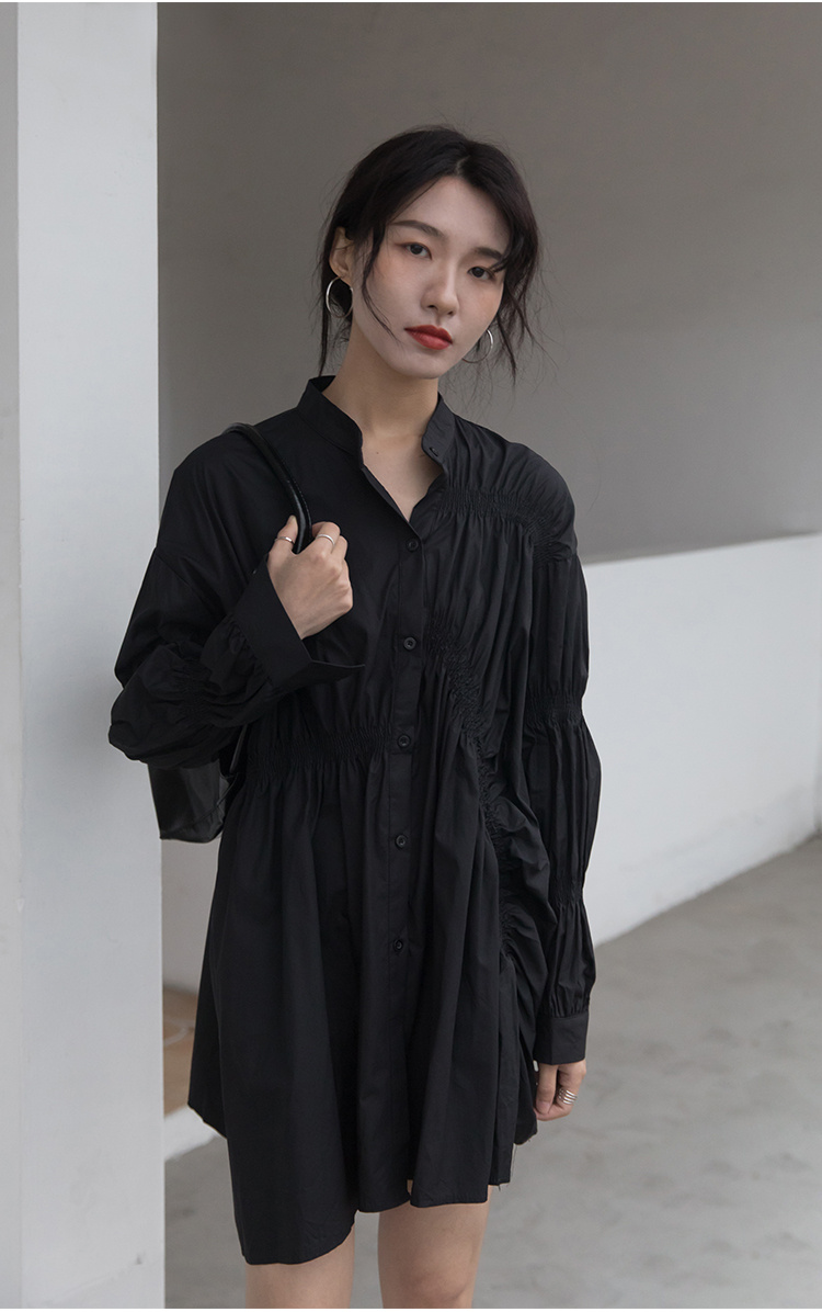 白ワンピース 上品な白シャツワンピース 長袖ミニ丈