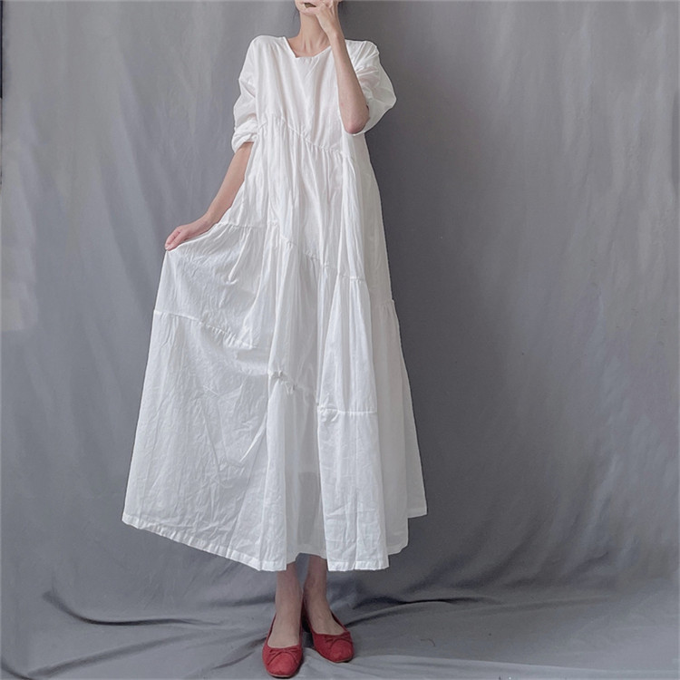 白ワンピース ゆったり丸首レトロ風ロングワンピース