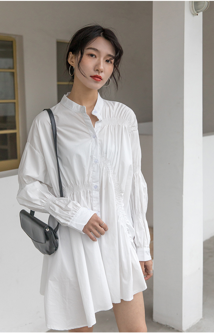 白ワンピース 上品な白シャツワンピース 長袖ミニ丈
