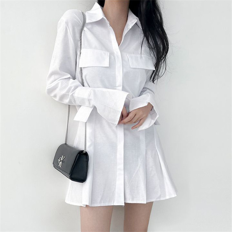 白ワンピース トレンド白シャツワンピース スリムカジュアル